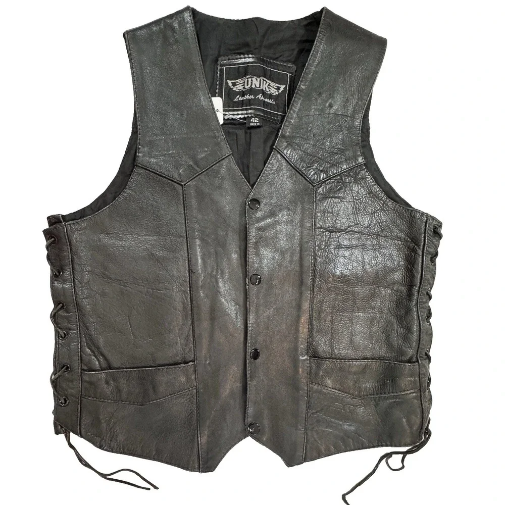 UNIK Leather Motorcycle Vest Men Sz 42 Snaps Lace-Up Sides Pockets Biker‎